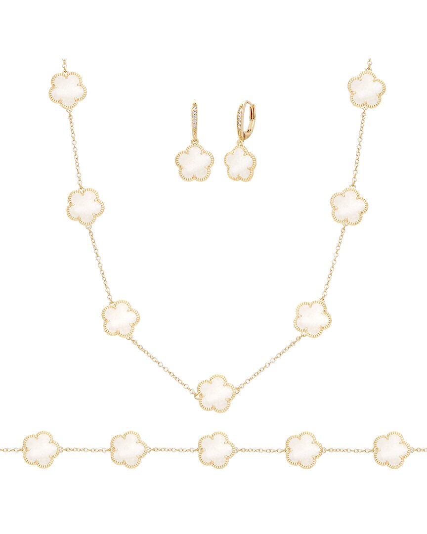 14k plated mother of pearl cz bracelet, earrings, & necklace set