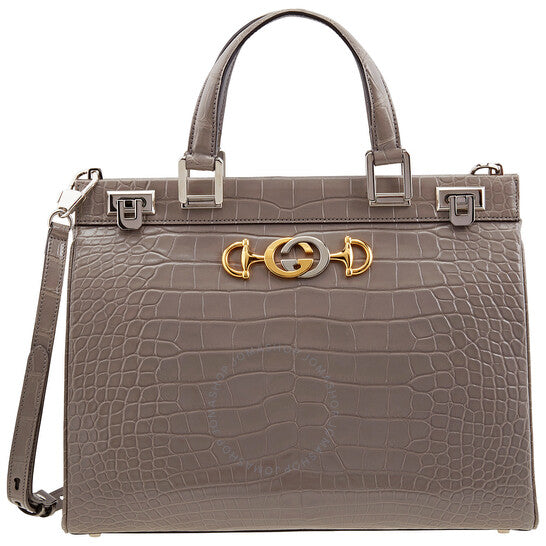 Gucci, Grey Zumi Medium Top Handle Bag In Crocodile Effect