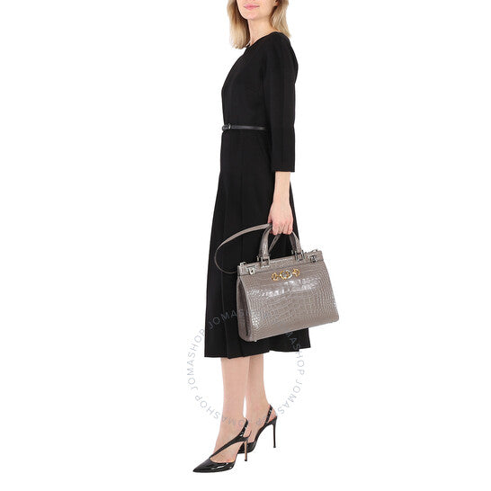 Gucci, Grey Zumi Medium Top Handle Bag In Crocodile Effect