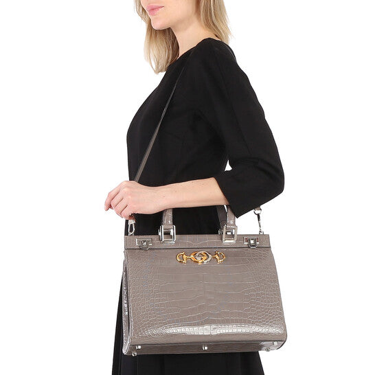 Gucci, Grey Zumi Medium Top Handle Bag In Crocodile Effect