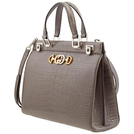 Gucci, Grey Zumi Medium Top Handle Bag In Crocodile Effect
