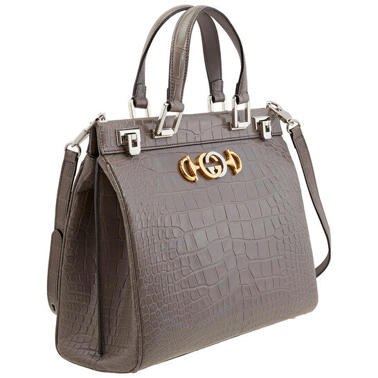Gucci, Grey Zumi Medium Top Handle Bag In Crocodile Effect