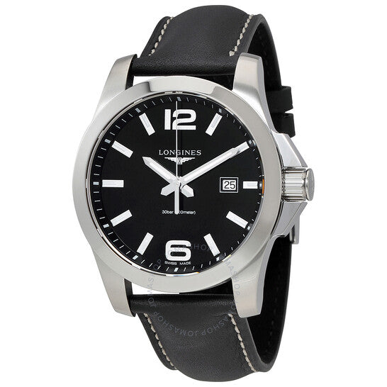 Longines, Conquest Black Dial Black Leather Men's 43mm Watch