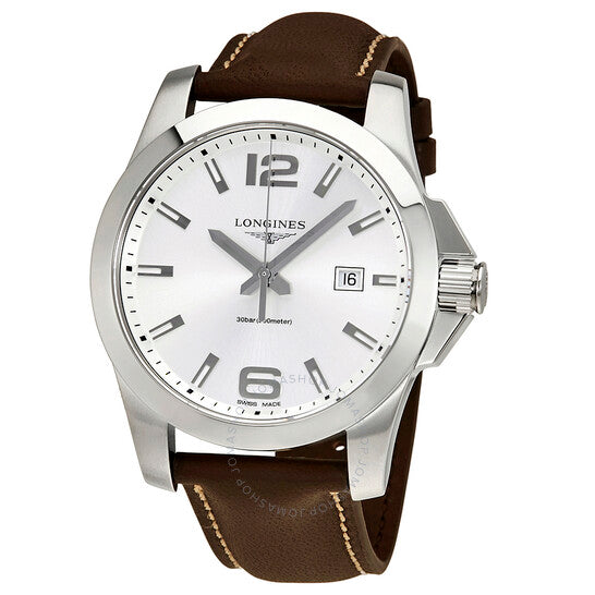 Longines, Conquest Silver Dial Brown Leather Men's 43mm Watch