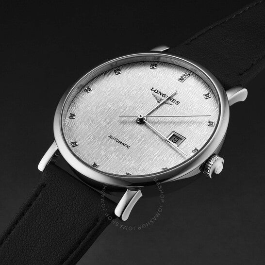 لونجين، ساعة رجالية أوتوماتيكية أنيقة بمينا فضي مرصعة بالألماس