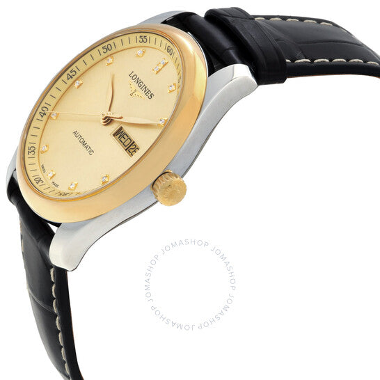 ساعة لونجين ماستر أوتوماتيكية للرجال بمينا ذهبي مرصعة بالألماس