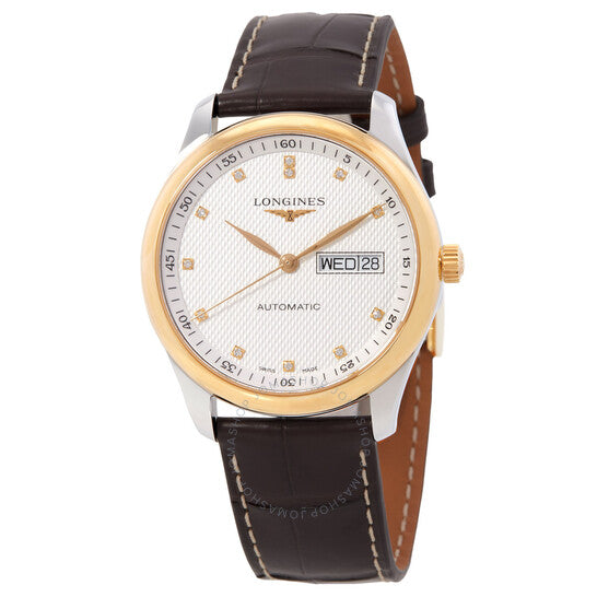 ساعة لونجين ماستر أوتوماتيكية للرجال بمينا أبيض مرصعة بالألماس