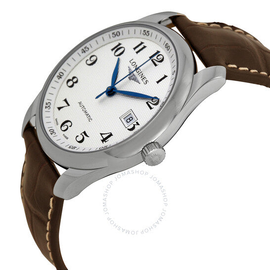 ساعة لونجين ماستر أوتوماتيك بمينا فضي وجلد بني