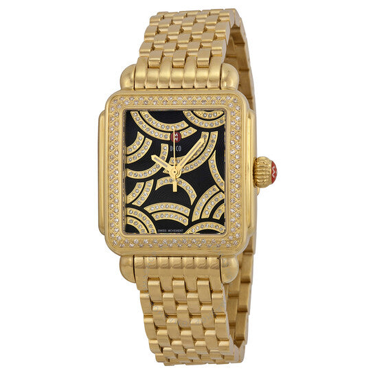 Michele, Art of Deco Black Dial Gold-plated Ladies Watch