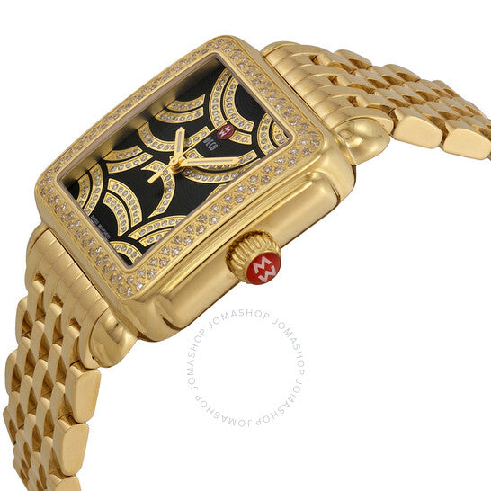 Michele, Art of Deco Black Dial Gold-plated Ladies Watch