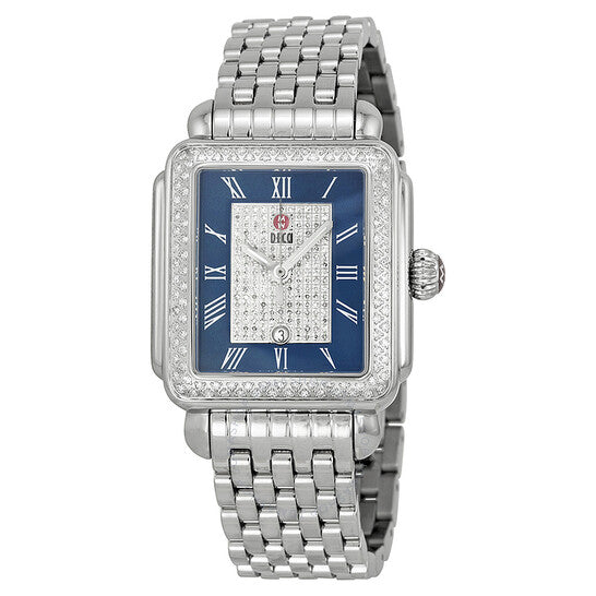 Michele, Deco Diamond Blue Pave Dial Strap Ladies Watch