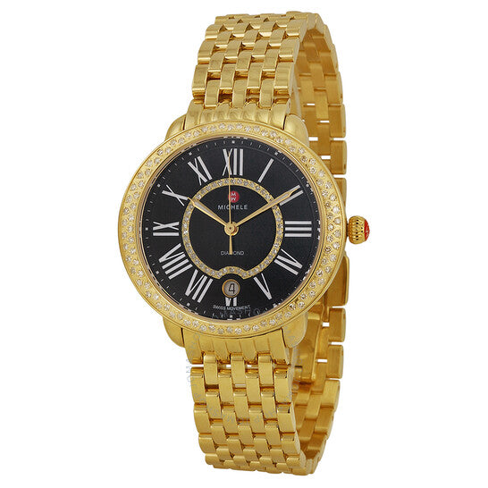 Michele, Serein Black Pearl Dial Gold-plated Diamond Ladies Watch