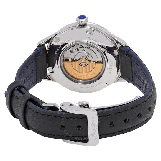 ساعة أورينت ستار أوتوماتيكية للسيدات بمينا هيكلي أزرق