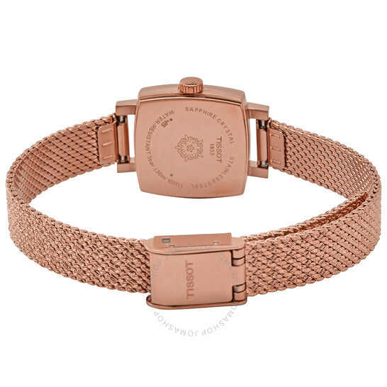 ساعة تيسو النسائية الجميلة ذات المينا الوردية المرصعة بالألماس المربع