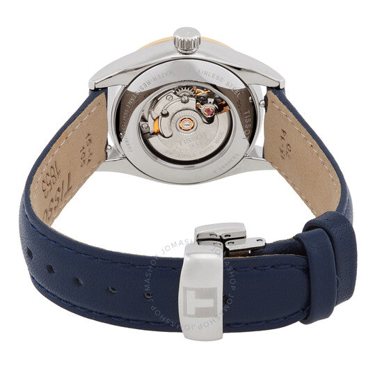 ساعة تيسو للسيدات، أوتوماتيكية من الذهب، بمينا أزرق مرصعة بالألماس