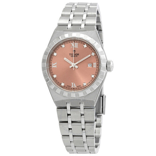 ساعة تيودور رويال أوتوماتيكية للسيدات بمينا من الألماس بلون السلمون