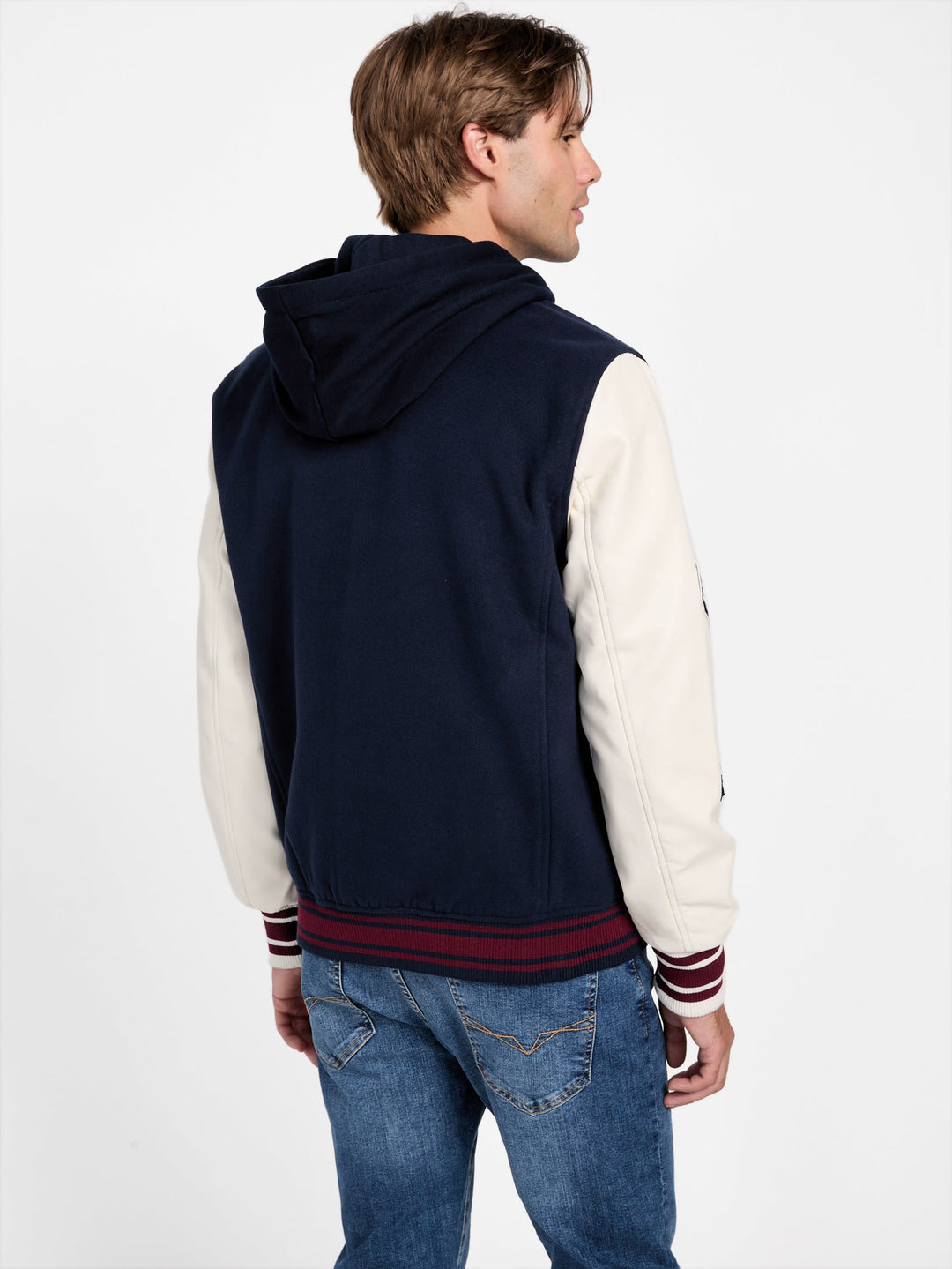 mark hooded varsity jacket