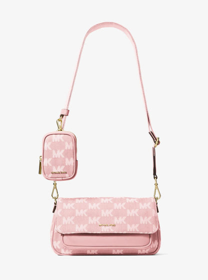 jet set travel small logo jacquard denim crossbody bag with pouch