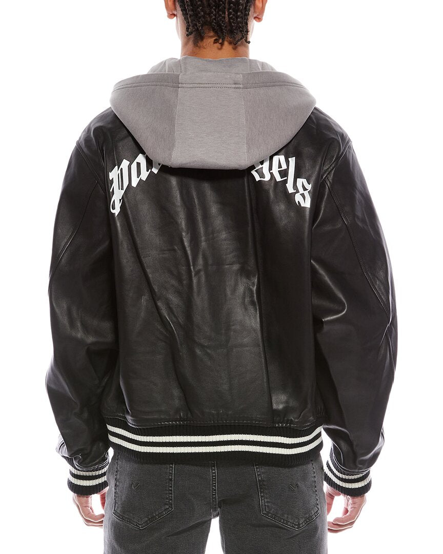 curved logo leather bomber jacket