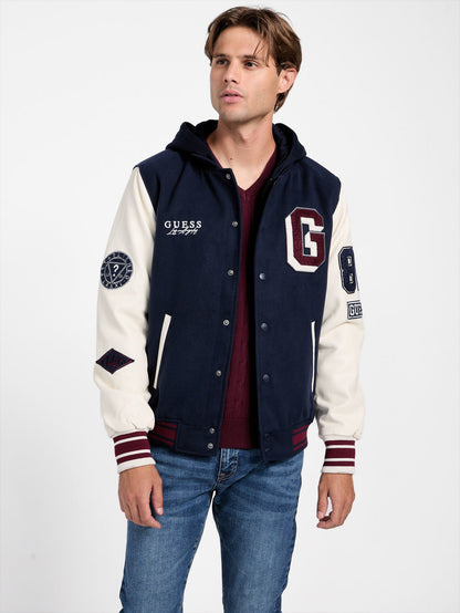 mark hooded varsity jacket