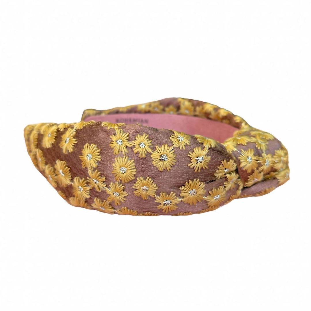 women's fall floral embroidered knotted headband in brown/yellow