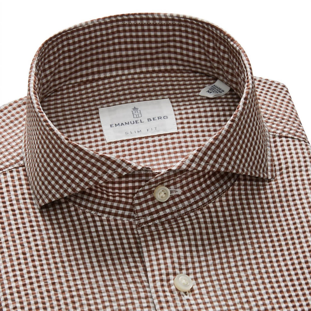 mf brown check cotton crinkle dress shirt in brown/white