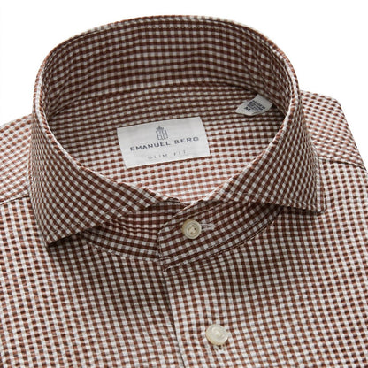 mf brown check cotton crinkle dress shirt in brown/white