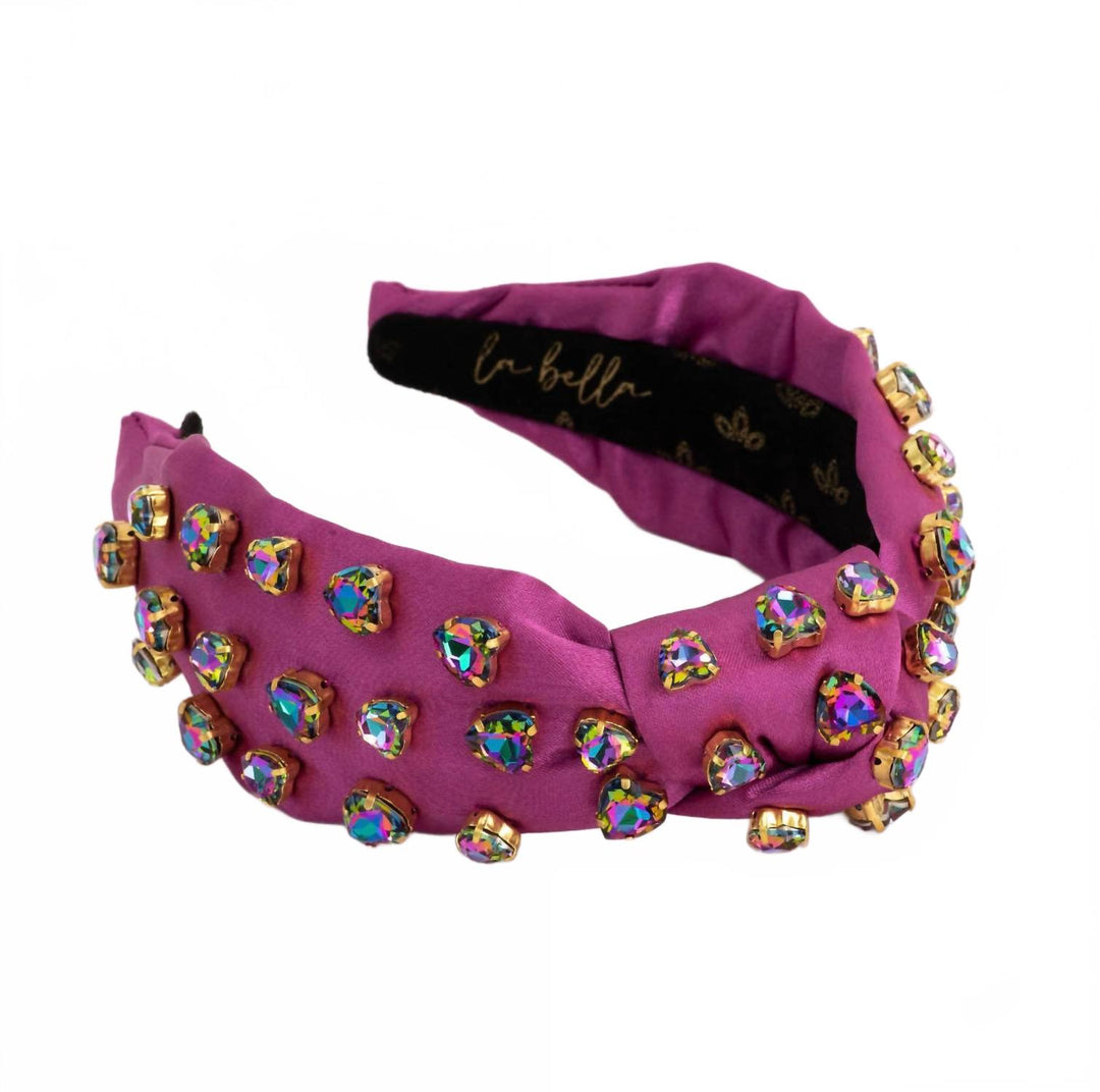 women's volcano rainbow heart satin headband in pinky purple
