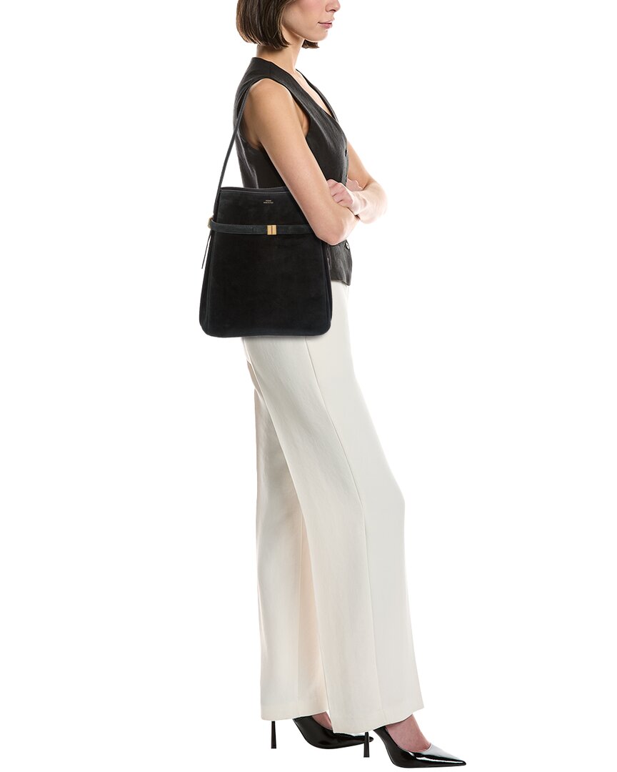 belted suede bucket bag