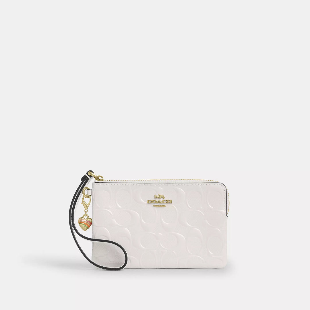 corner zip wristlet in signature leather with heart charm