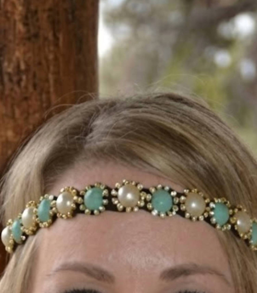 women's pearl boho chic stretch headband in turquoise