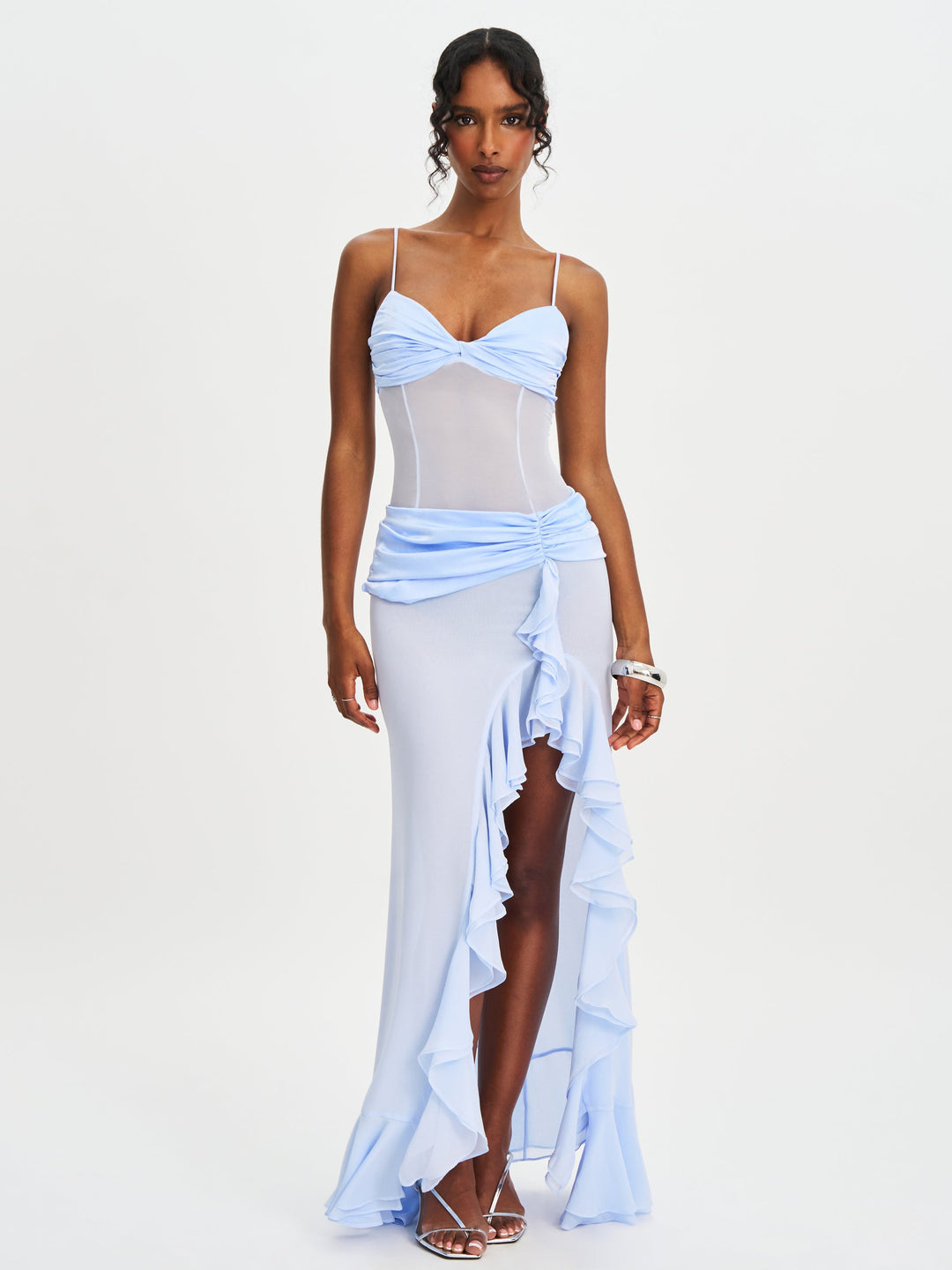 women lacy blue ruched breast high slit chiffon dress