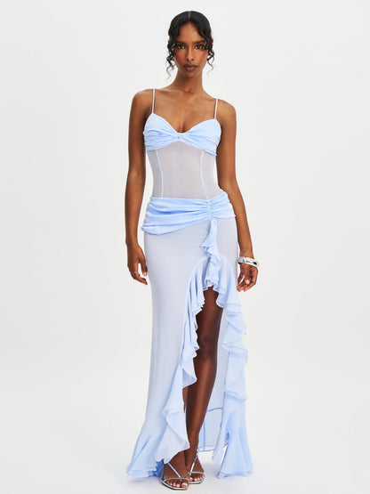 women lacy blue ruched breast high slit chiffon dress