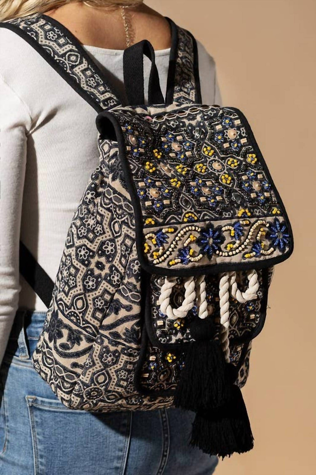 women's hand-beaded front pocket backpack in moon flower