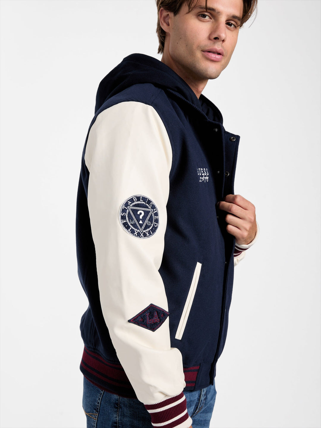 mark hooded varsity jacket