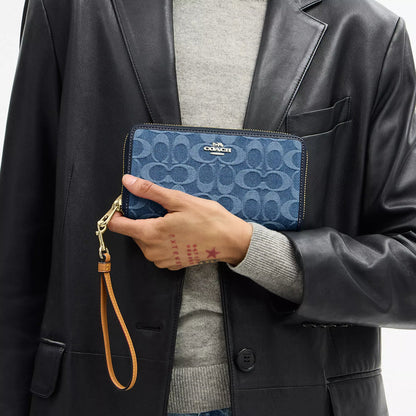 long zip around wallet in signature denim