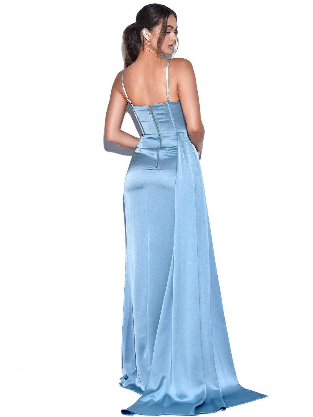 women elayna pale blue strappy satin corset high slit gown