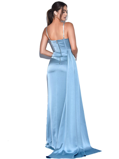 women elayna pale blue strappy satin corset high slit gown