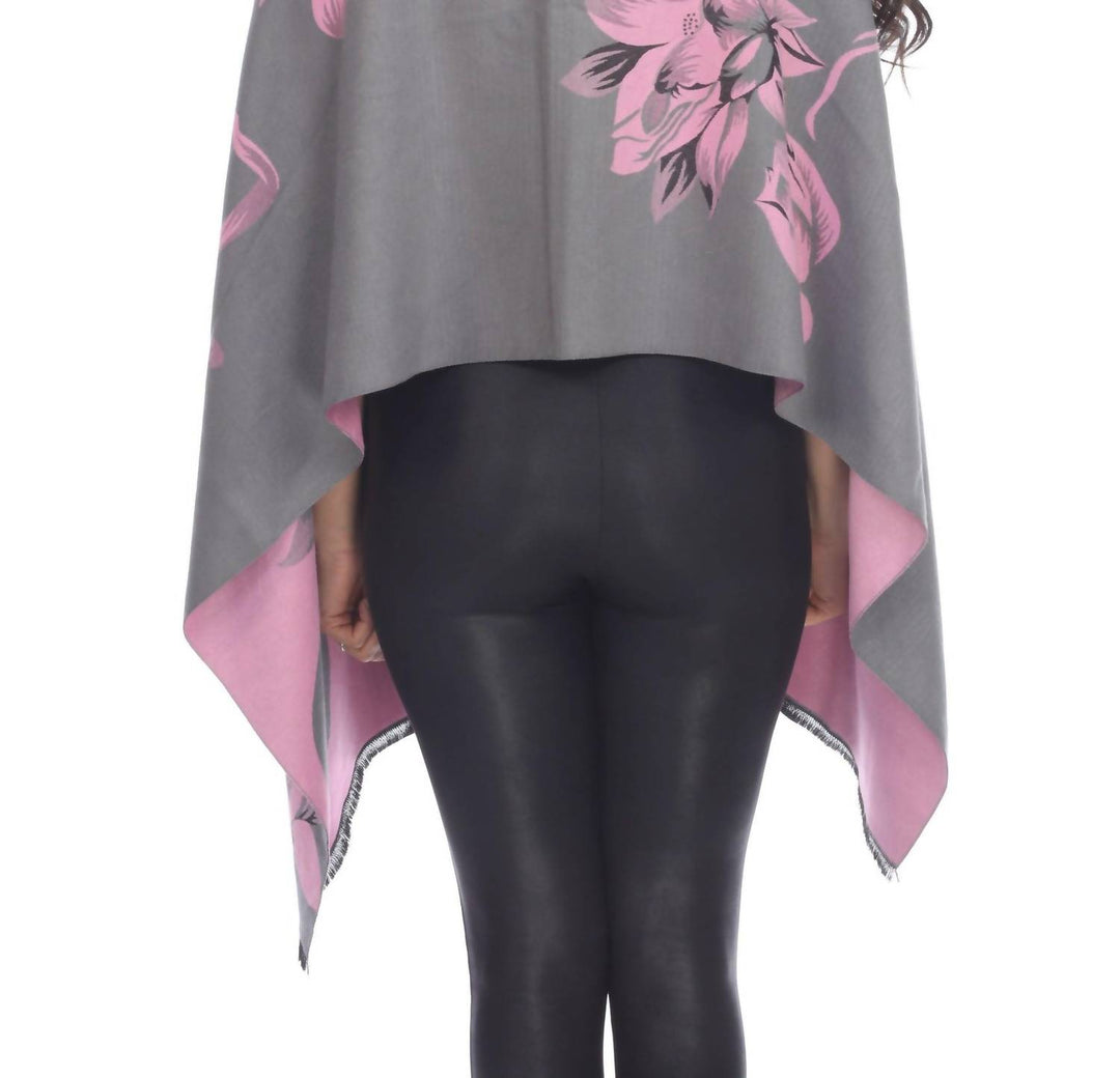 real silver fox trim cashmere blend floral wrap cover-up in grey/pink