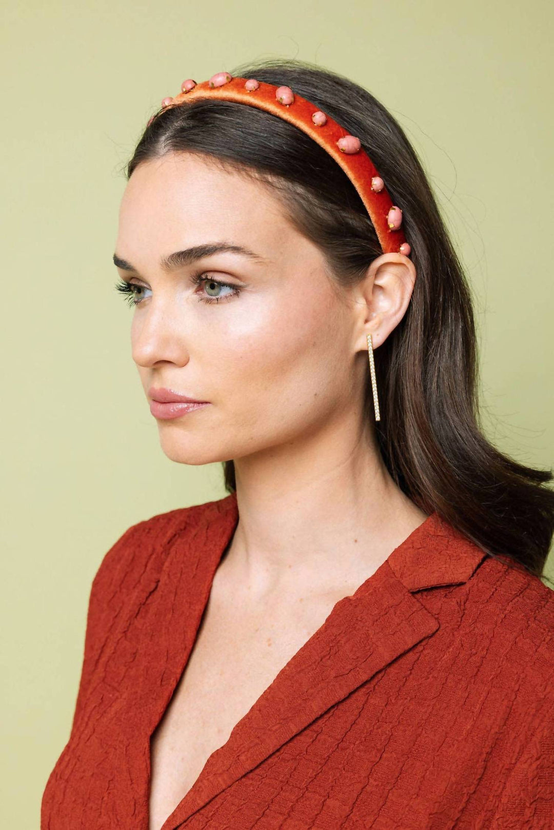 velvet ultra slim embellished headband in burnt orange