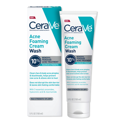 Maximum Strength Acne Foaming Cream Wash with 10% BPO for Face & Body