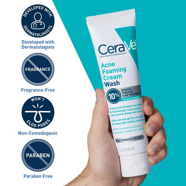 Maximum Strength Acne Foaming Cream Wash with 10% BPO for Face & Body