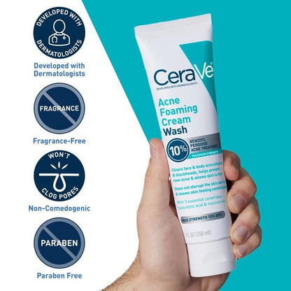Maximum Strength Acne Foaming Cream Wash with 10% BPO for Face & Body