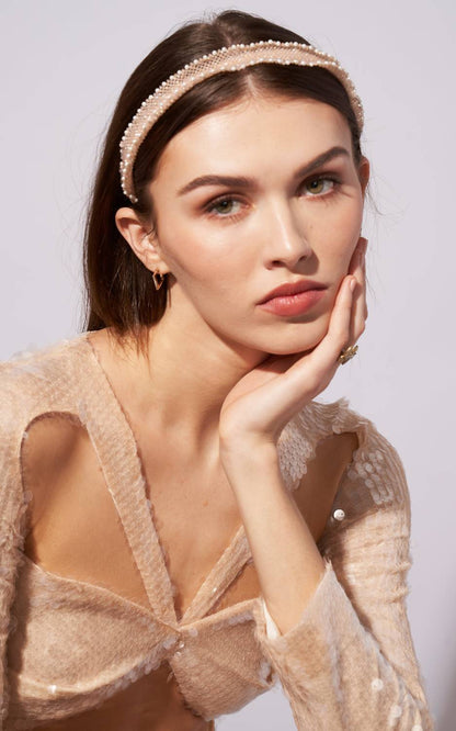 women's lace beaded headband in light blush