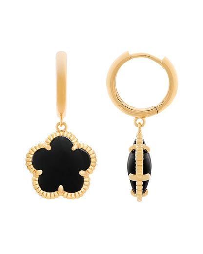 flower 14k plated onyx cushion huggies earrings