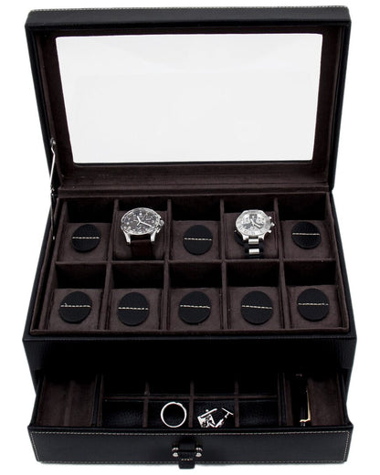 leather 10-watch case with glass