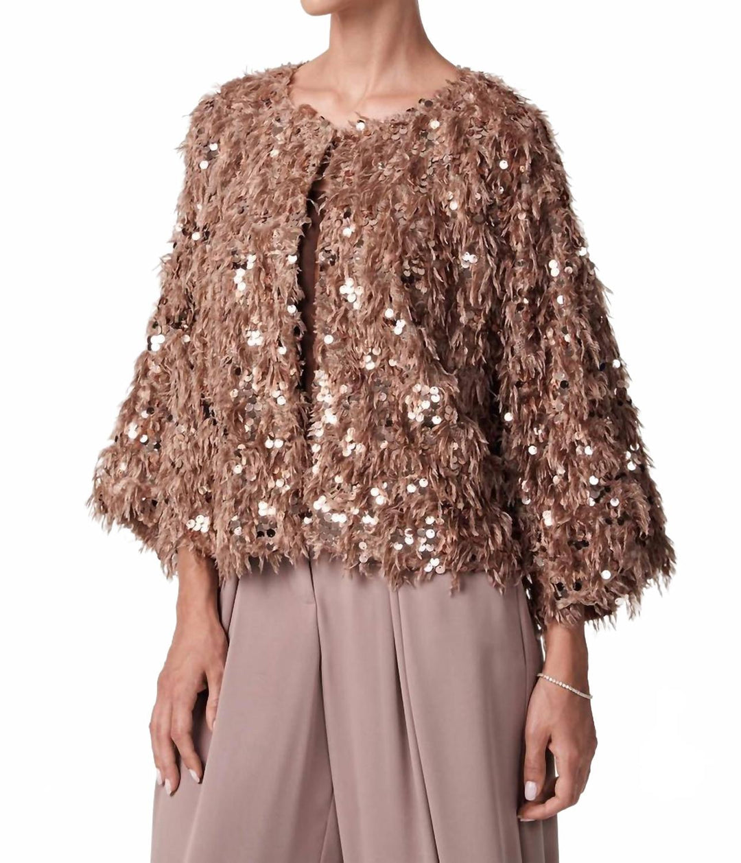 oller cropped faux fur coat in beige rhinestone