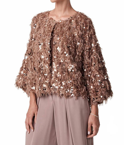 oller cropped faux fur coat in beige rhinestone