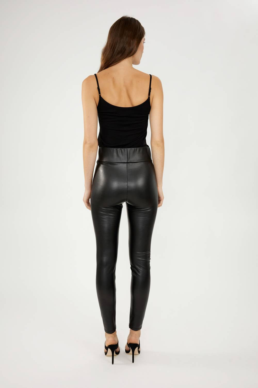 high-shine faux leather leggings in black