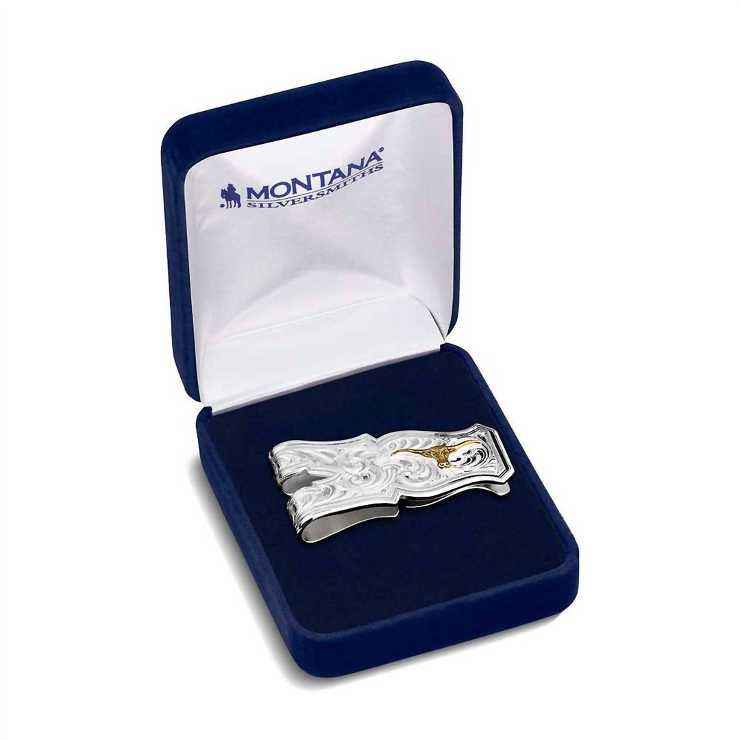 open range money clip with longhorn in silver and gold